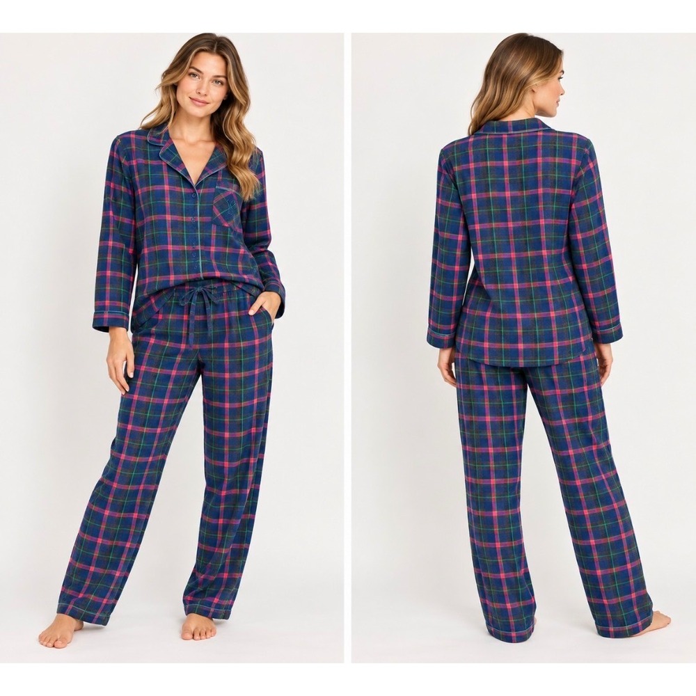 Victoria's Secret Pajama Set Large Blue Pink Plaid Flannel Sleepwear Shirt Pants